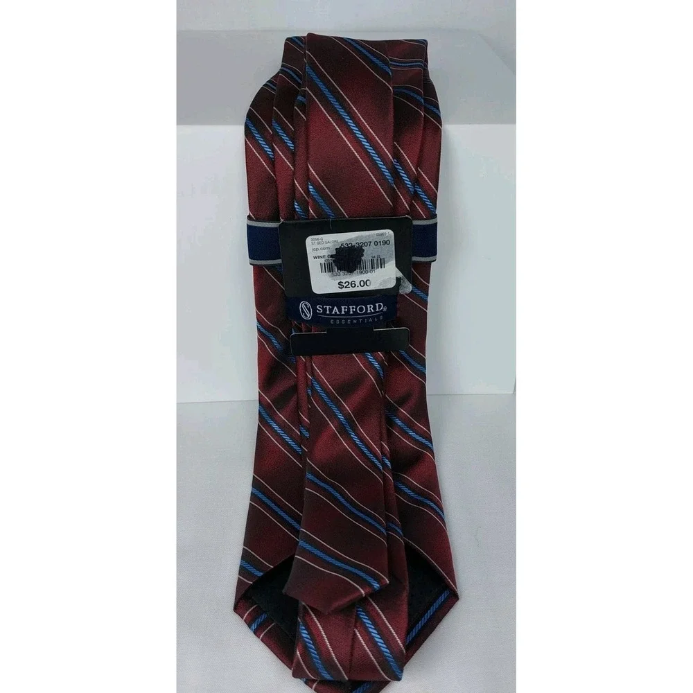 Stafford Essentials Striped Tie Burgundy Wine Maroon Blue Silk‎ Necktie New 3.5